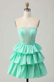 Green Strapless A Line Tiered Corset Beaded Homecoming Dress with Bow