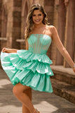A Line Tiered Green Strapless Corset Beaded Homecoming Dress