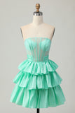 A Line Tiered Green Strapless Corset Beaded Homecoming Dress