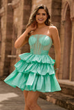 A Line Tiered Green Strapless Corset Beaded Homecoming Dress