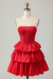 Strapless A Line Tiered Corset Beaded Red Homecoming Dress with Bow