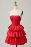 Strapless A Line Tiered Corset Beaded Red Homecoming Dress with Bow