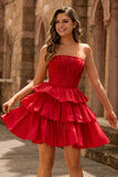 Red Strapless A Line Tiered Beaded Homecoming Dress with Bow