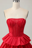 Strapless A Line Tiered Corset Beaded Red Homecoming Dress with Bow