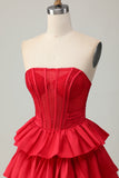 Strapless A Line Tiered Corset Beaded Red Homecoming Dress with Bow