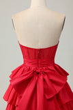 Strapless A Line Tiered Corset Beaded Red Homecoming Dress with Bow
