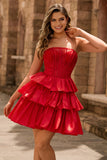 Red Strapless A Line Tiered Beaded Homecoming Dress with Bow