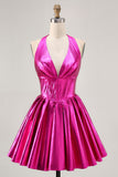 Fuchsia A Line Halter Backless Corset Ruched Homecoming Dress