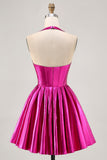 Fuchsia A Line Halter Backless Corset Ruched Homecoming Dress