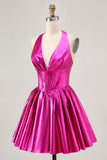 Fuchsia A Line Halter Backless Corset Ruched Homecoming Dress