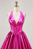Fuchsia A Line Halter Backless Corset Ruched Homecoming Dress