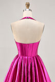 Fuchsia A Line Halter Backless Corset Ruched Homecoming Dress