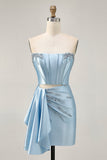 Blue Beaded Corset Tight Cut Out Satin Homecoming Dress with Streamer
