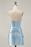 Blue Beaded Corset Tight Cut Out Satin Homecoming Dress with Streamer