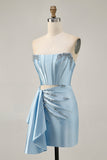 Blue Beaded Corset Tight Cut Out Satin Homecoming Dress with Streamer