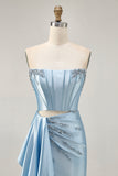 Blue Beaded Corset Tight Cut Out Satin Homecoming Dress with Streamer