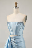 Blue Beaded Corset Tight Cut Out Satin Homecoming Dress with Streamer