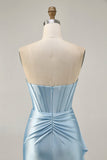 Blue Beaded Corset Tight Cut Out Satin Homecoming Dress with Streamer