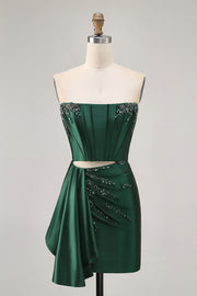 Dark Green Strapless Corset Beaded Tight Homecoming Dress with Streamer