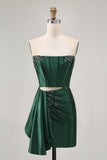 Dark Green Strapless Corset Beaded Tight Homecoming Dress with Streamer