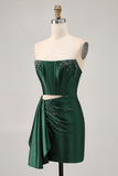 Dark Green Strapless Corset Beaded Tight Homecoming Dress with Streamer