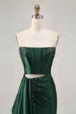 Dark Green Strapless Corset Beaded Tight Homecoming Dress with Streamer
