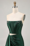 Dark Green Strapless Corset Beaded Tight Homecoming Dress with Streamer