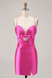 Fuchsia Spaghetti Straps Cut Out Pleated Tight Homecoming Dress with Bow
