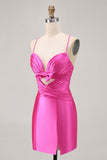 Fuchsia Spaghetti Straps Cut Out Pleated Tight Homecoming Dress with Bow