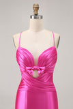 Fuchsia Spaghetti Straps Cut Out Pleated Tight Homecoming Dress with Bow