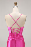 Fuchsia Spaghetti Straps Cut Out Pleated Tight Homecoming Dress with Bow