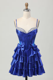 Royal Blue A Line Spaghetti Straps Corset Tiered Beaded Homecoming Dress with Bows