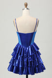 Royal Blue A Line Spaghetti Straps Corset Tiered Beaded Homecoming Dress with Bows