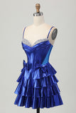 Royal Blue A Line Spaghetti Straps Corset Tiered Beaded Homecoming Dress with Bows