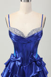 Royal Blue A Line Spaghetti Straps Corset Tiered Beaded Homecoming Dress with Bows