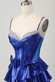 Royal Blue A Line Spaghetti Straps Corset Tiered Beaded Homecoming Dress with Bows