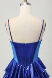 Royal Blue A Line Spaghetti Straps Corset Tiered Beaded Homecoming Dress with Bows