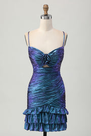 Metallic Blue Purple Bodycon Ruched Short Homecoming Dress with Ruffles
