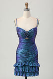 Metallic Blue Purple Bodycon Ruched Short Homecoming Dress with Ruffles