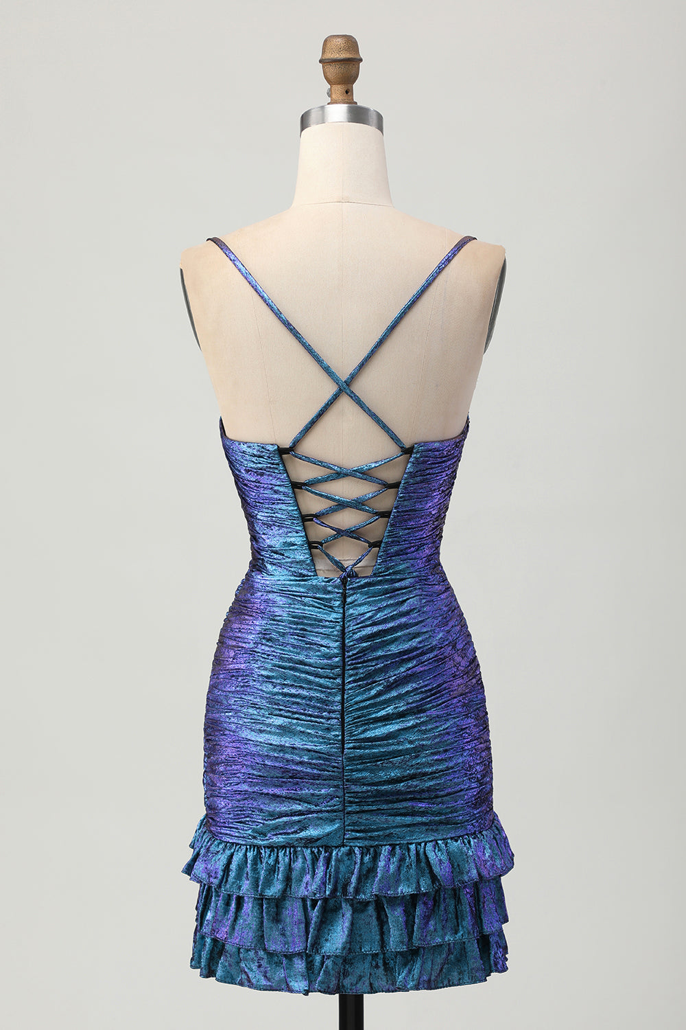 Wedtrend Women Metallic Blue Purple Ruffled Homecoming Dress Ruched Bodycon Spaghetti Straps Cocktail Dress – WEDTREND