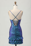 Metallic Blue Purple Bodycon Ruched Short Homecoming Dress with Ruffles