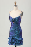Metallic Blue Purple Bodycon Ruched Short Homecoming Dress with Ruffles