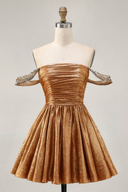 Metallic Golden A-Line Off The Shoulder Beaded Ruched Homecoming Dress