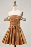 Metallic Golden A-Line Off The Shoulder Beaded Ruched Homecoming Dress