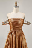 Metallic Golden A-Line Off The Shoulder Beaded Ruched Homecoming Dress