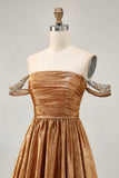 Metallic Golden A-Line Off The Shoulder Beaded Ruched Homecoming Dress