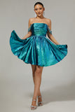 Metallic Green A-Line Off The Shoulder Short Homecoming Dress with Rhinestones