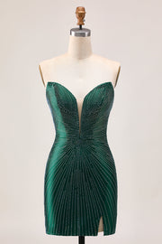 Sparkly Dark Green Bodycon Strapless Homecoming Dress with Slit