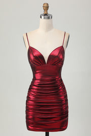 Metallic Burgundy Spaghetti Straps Satin Ruched Short Homecoming Dress