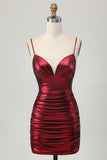 Burgundy Spaghetti Straps Metallic Ruched Short Homecoming Dress